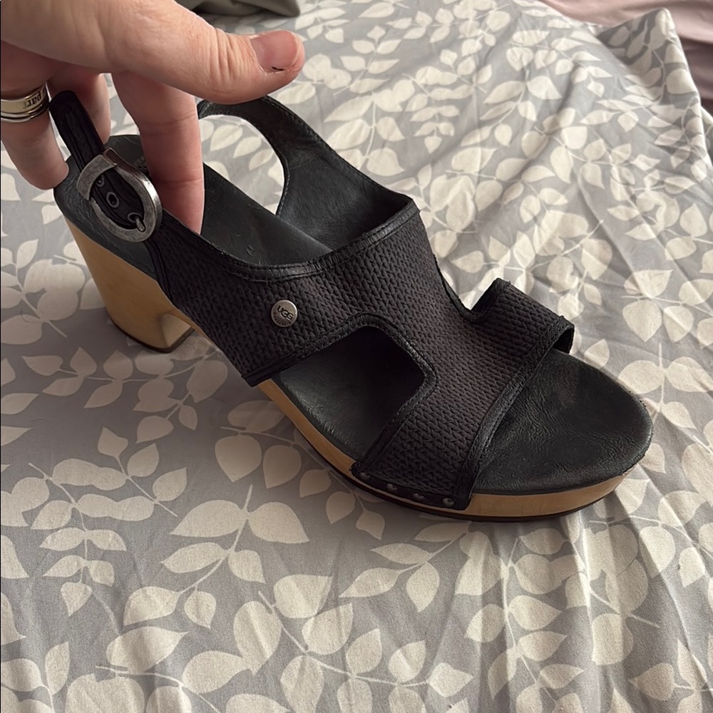 UGG Black Tan Heels with Crisscross Design